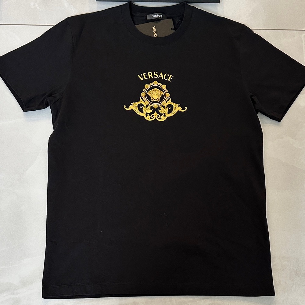 Versace Black Short Sleeve Tee with Gold Medusa Emblem